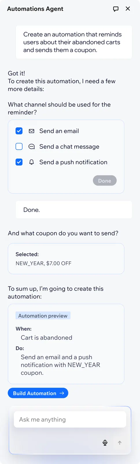 Automations Agent conversation clarifying channels, confirming a coupon, and summarizing the automation it will build