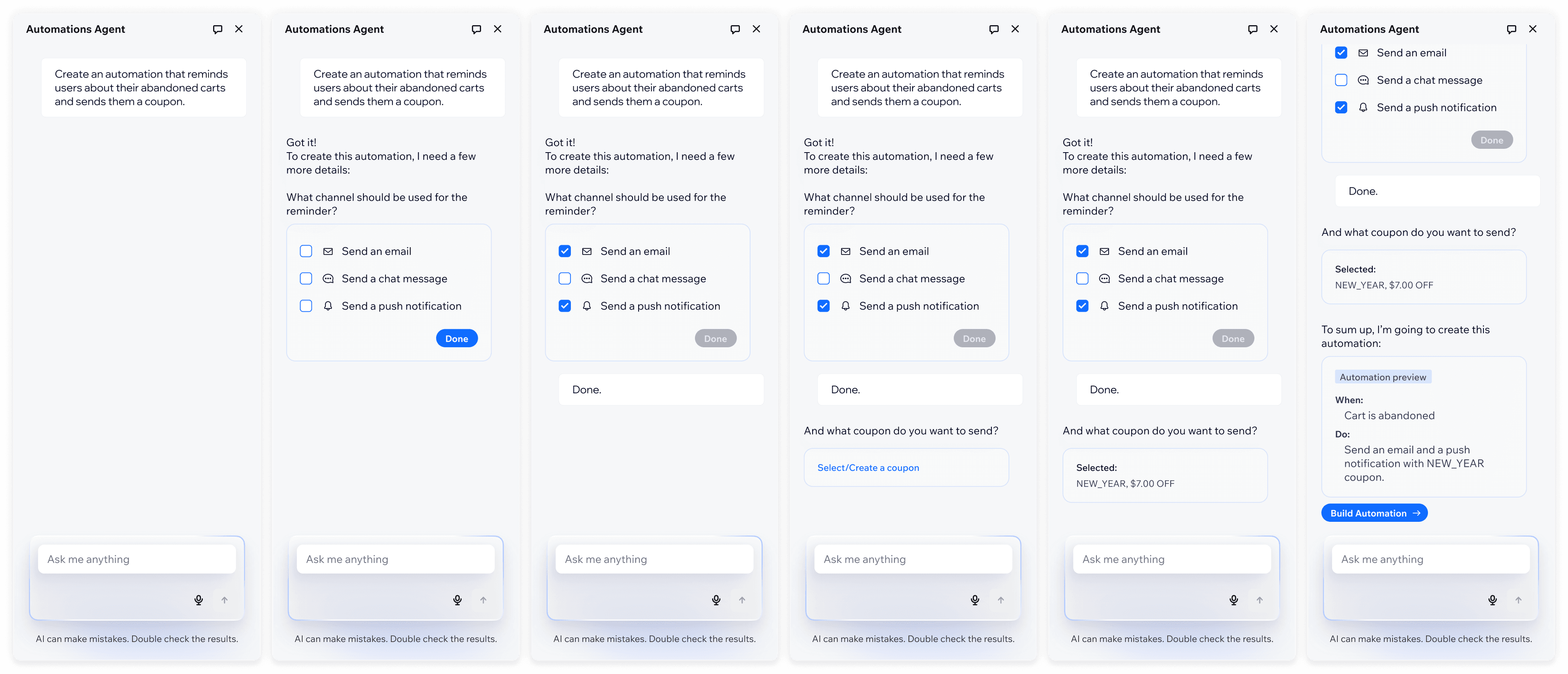 Conversation sequence showing the Automations Agent clarifying channels, confirming a coupon, and summarizing the automation it will build