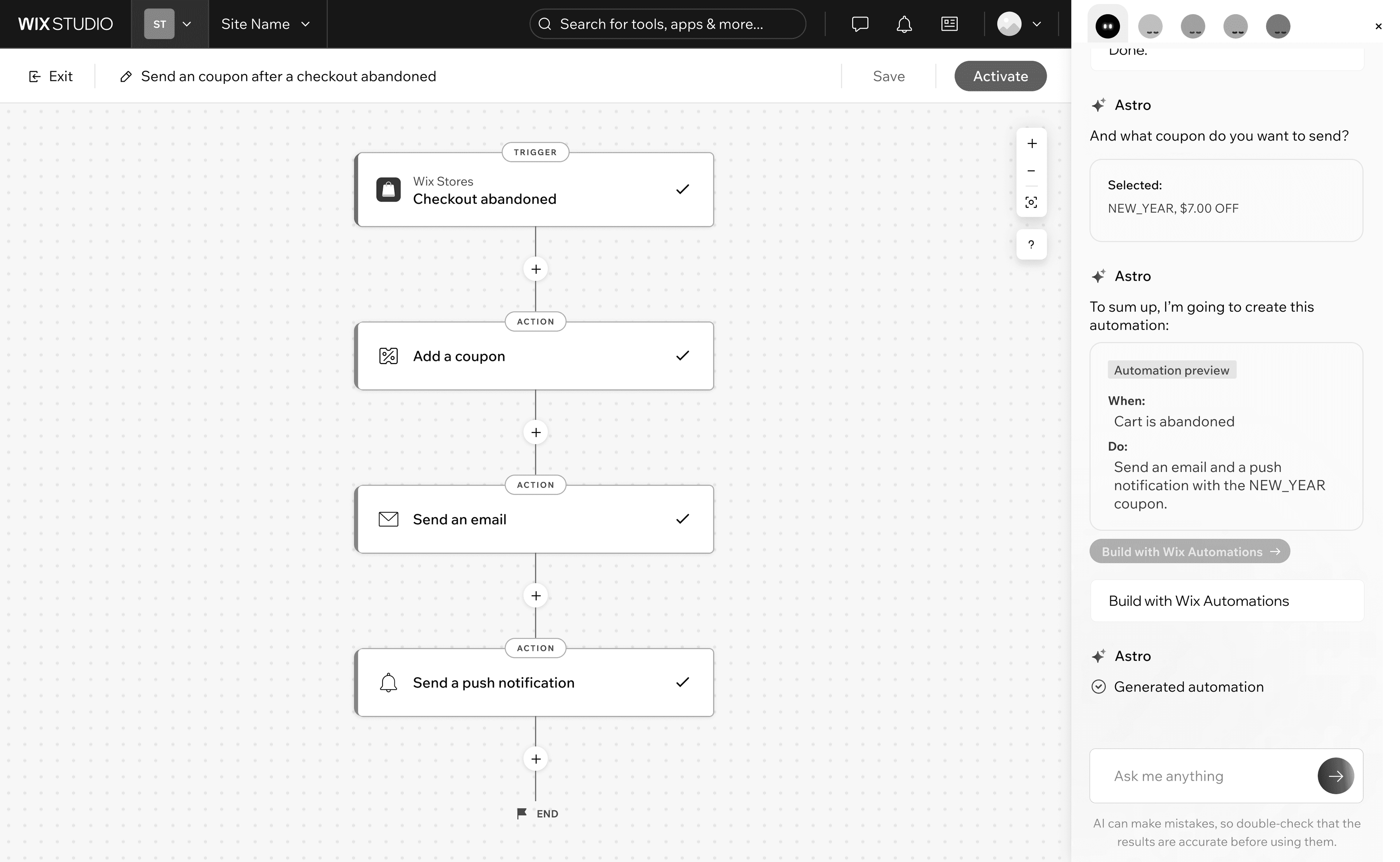 Wix AI chat creating an automation from natural language