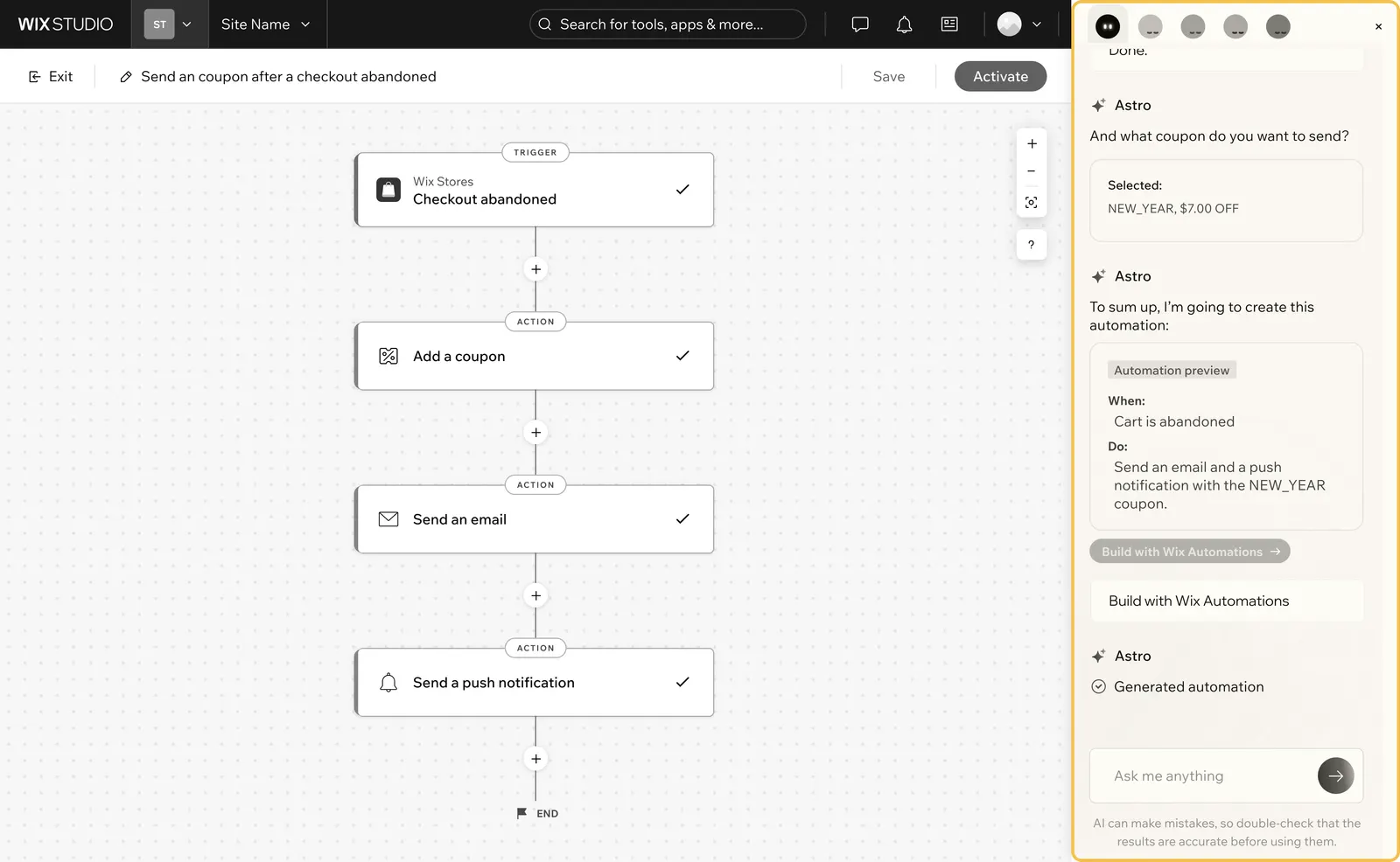 Wix AI chat creating an automation from natural language