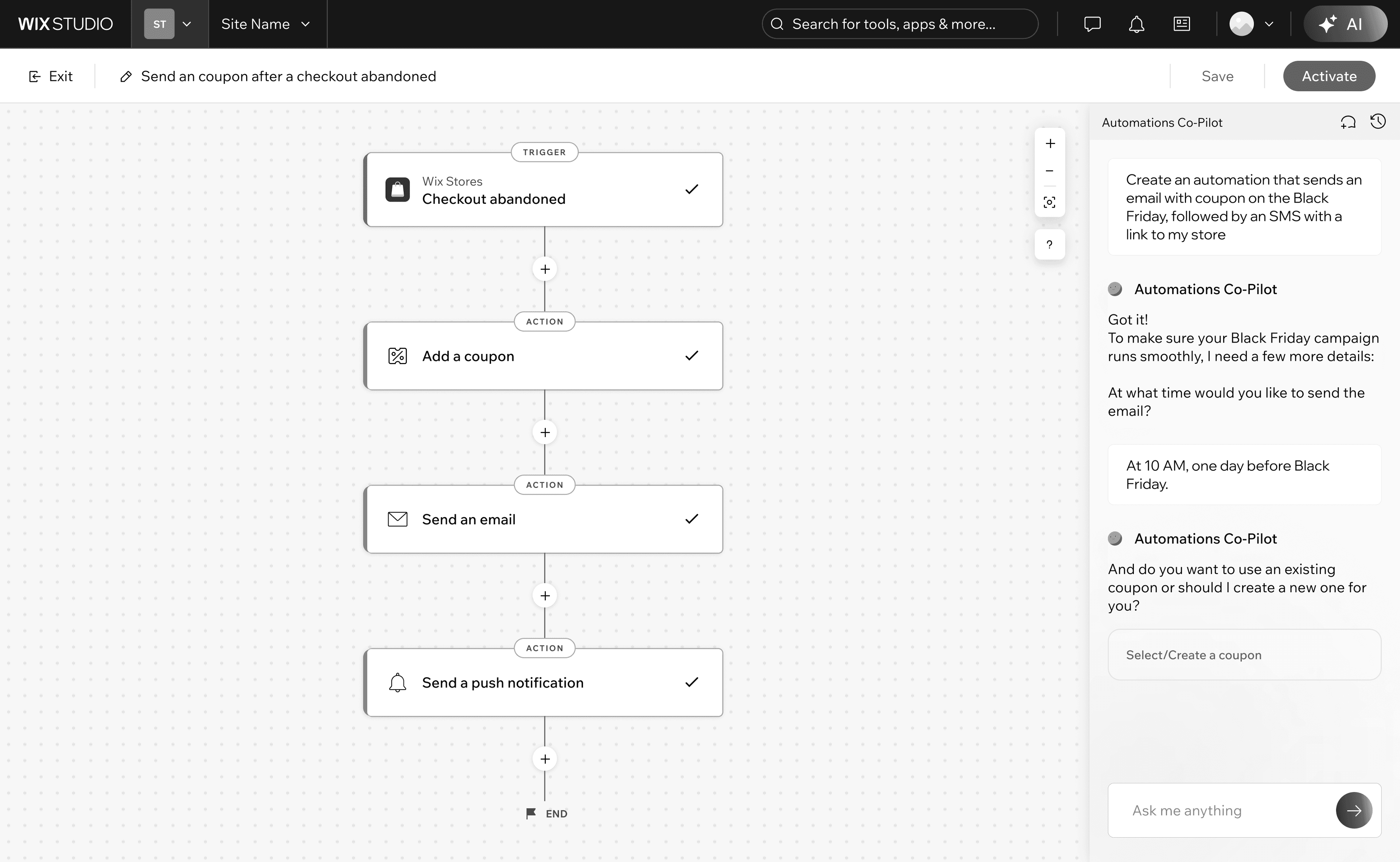 Built-in sticky AI chat panel fixed on the automation canvas