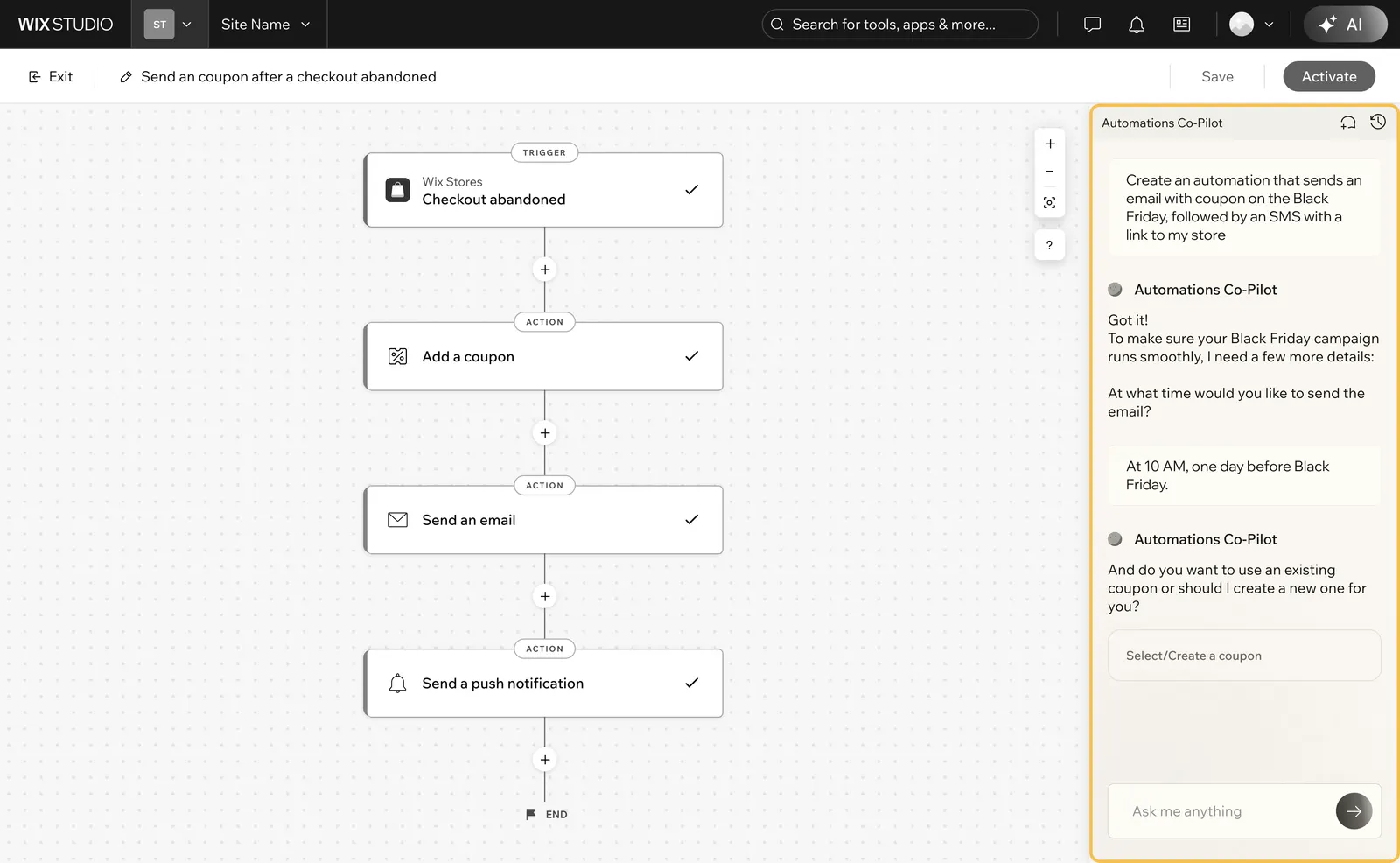 Built-in sticky AI chat panel fixed on the automation canvas