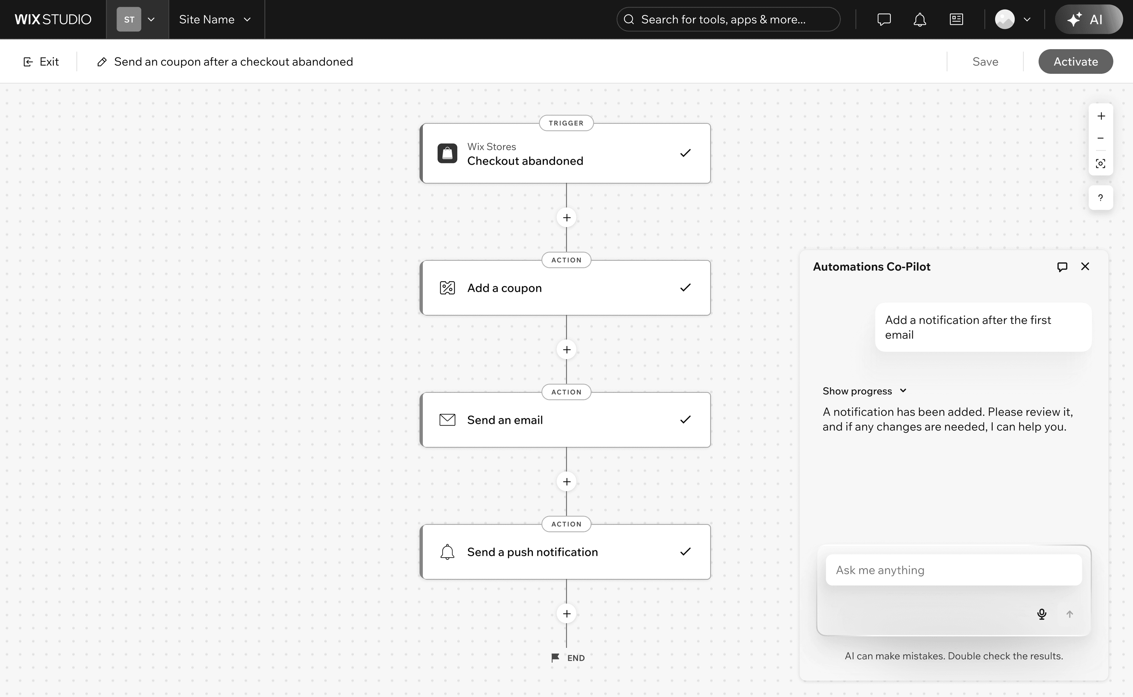 Floating Automations Co-Pilot chat panel over the canvas