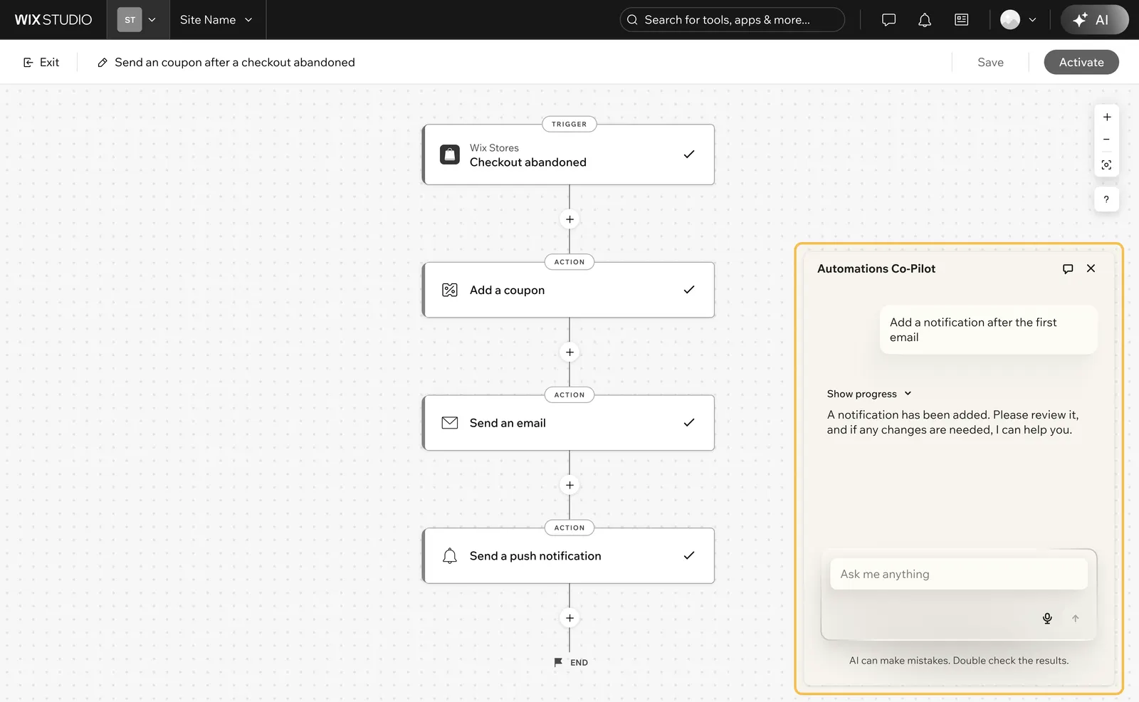 Floating Automations Co-Pilot chat panel over the canvas