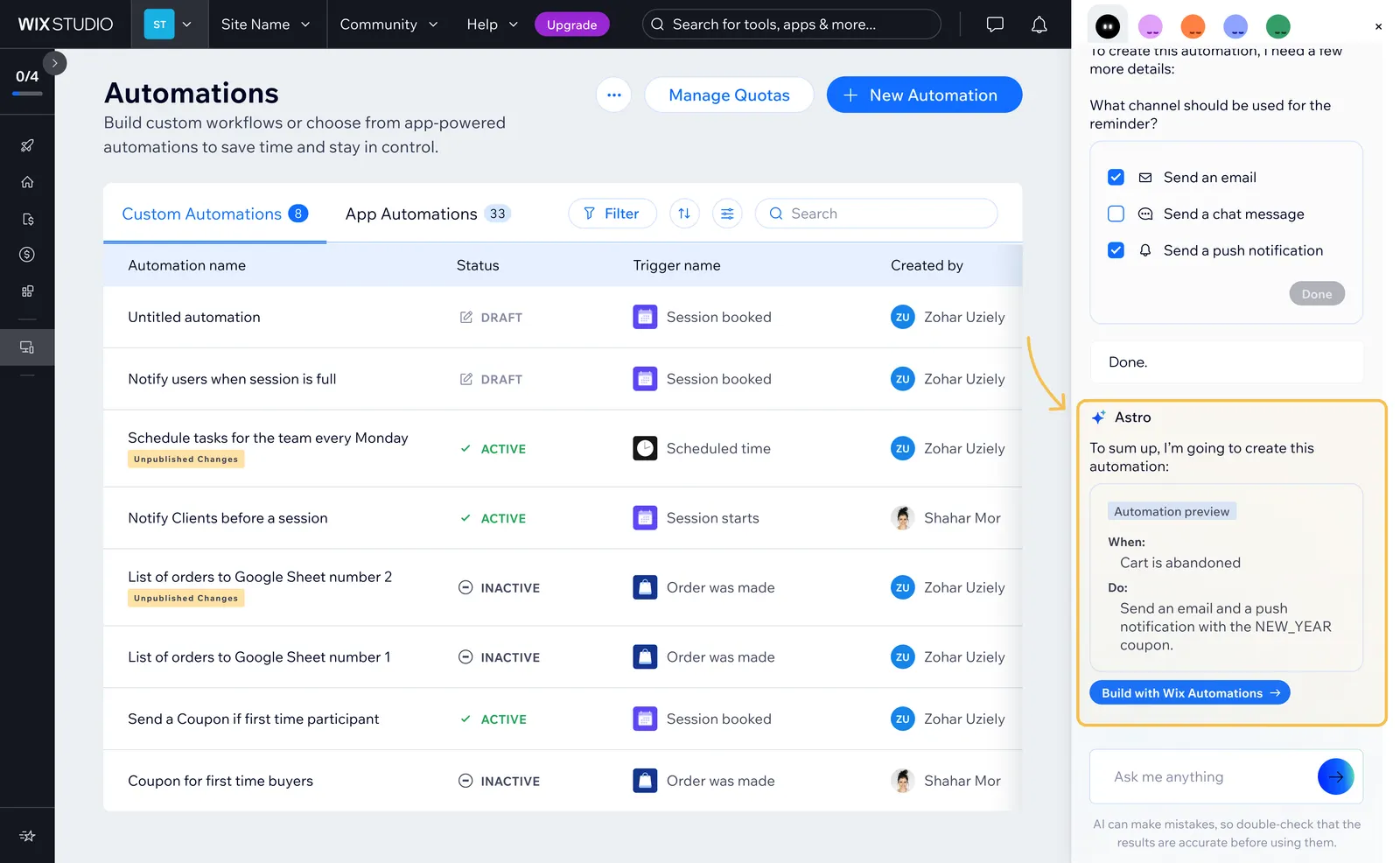 Wix's AI agent panel creating an automation from a natural-language request