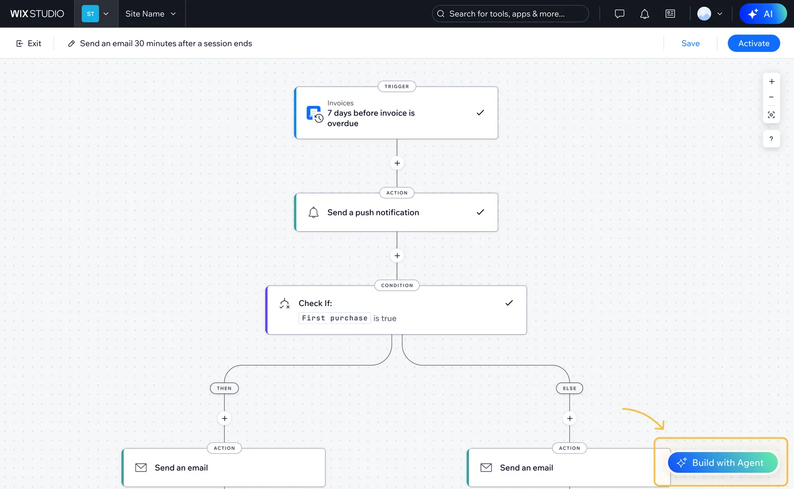 Automations builder canvas with Build with Agent button