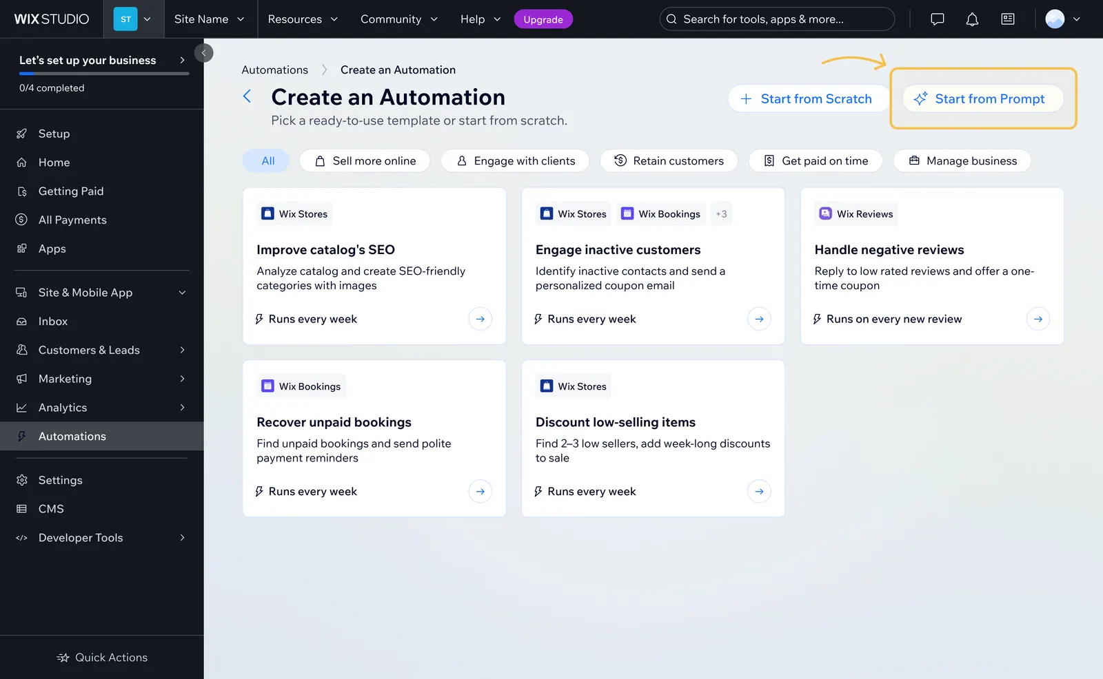 Create an Automation screen with Start from Prompt highlighted