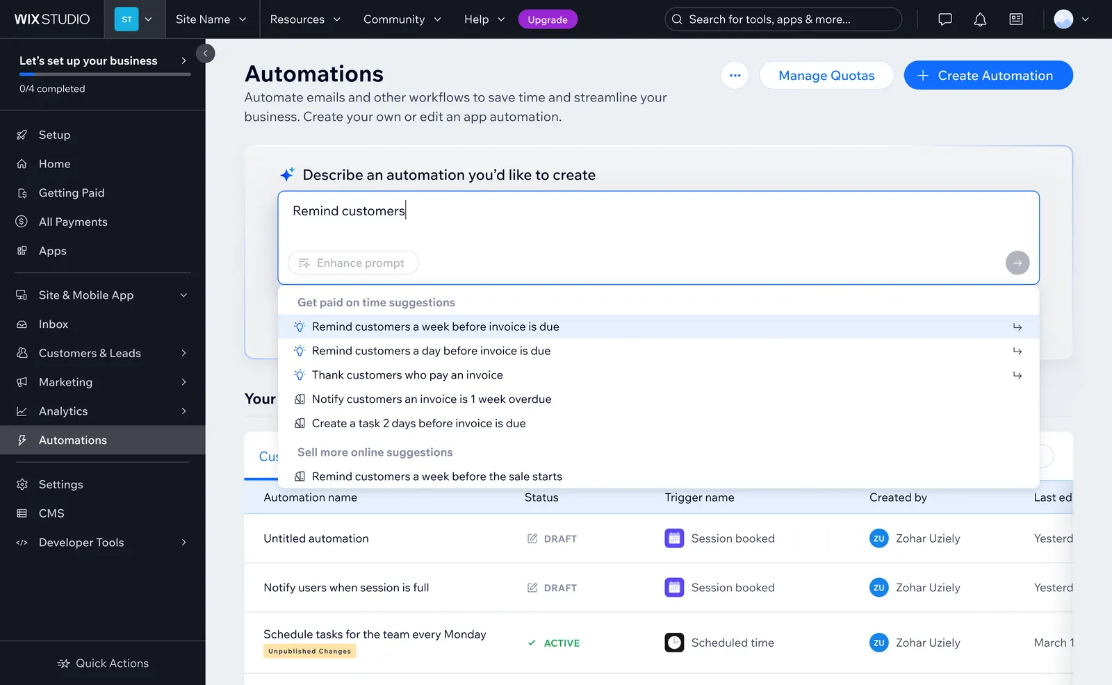 One-liner showing template and prompt suggestions as the user types, with an option to enhance the prompt