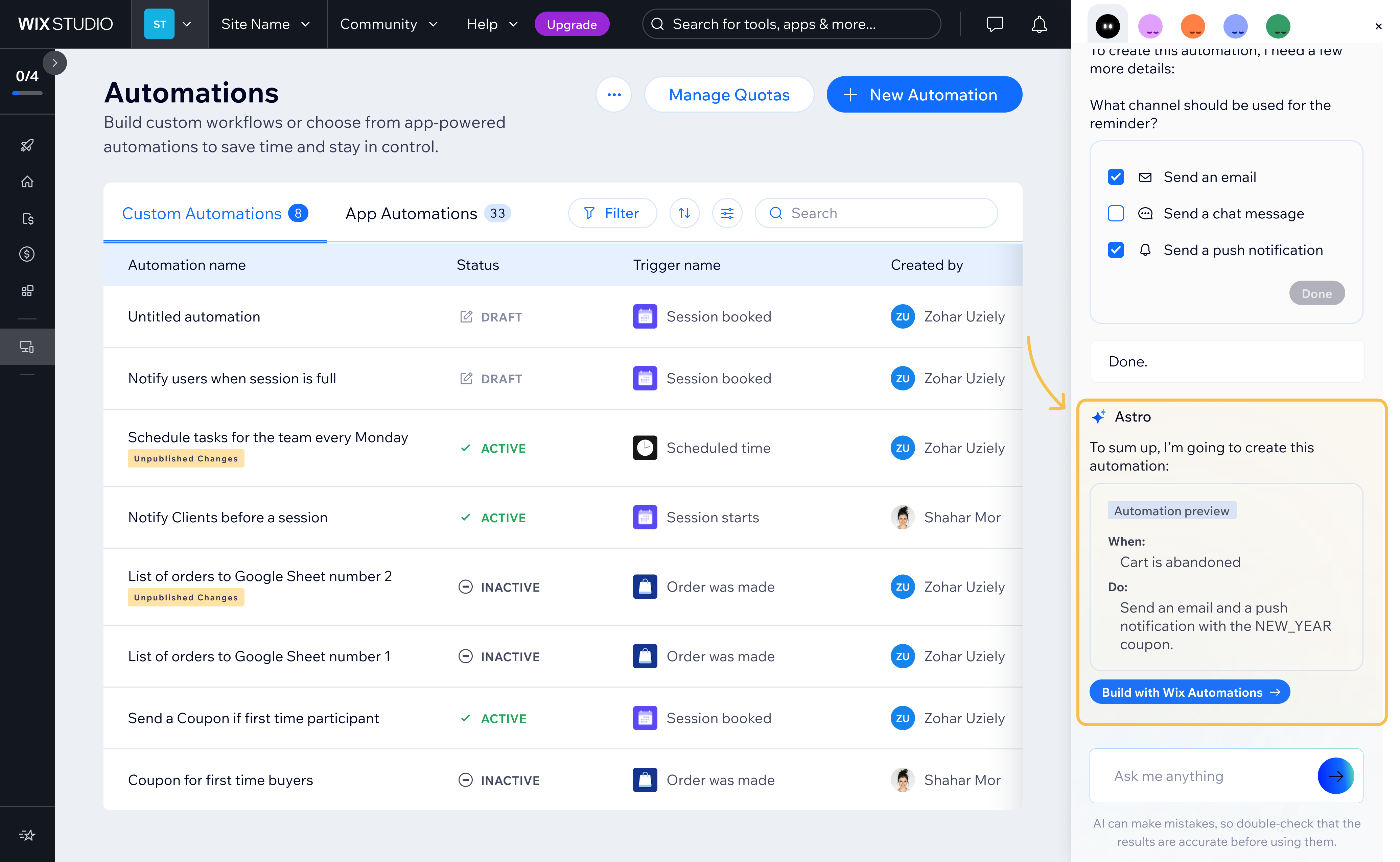 Wix's AI agent panel creating an automation from a natural-language request