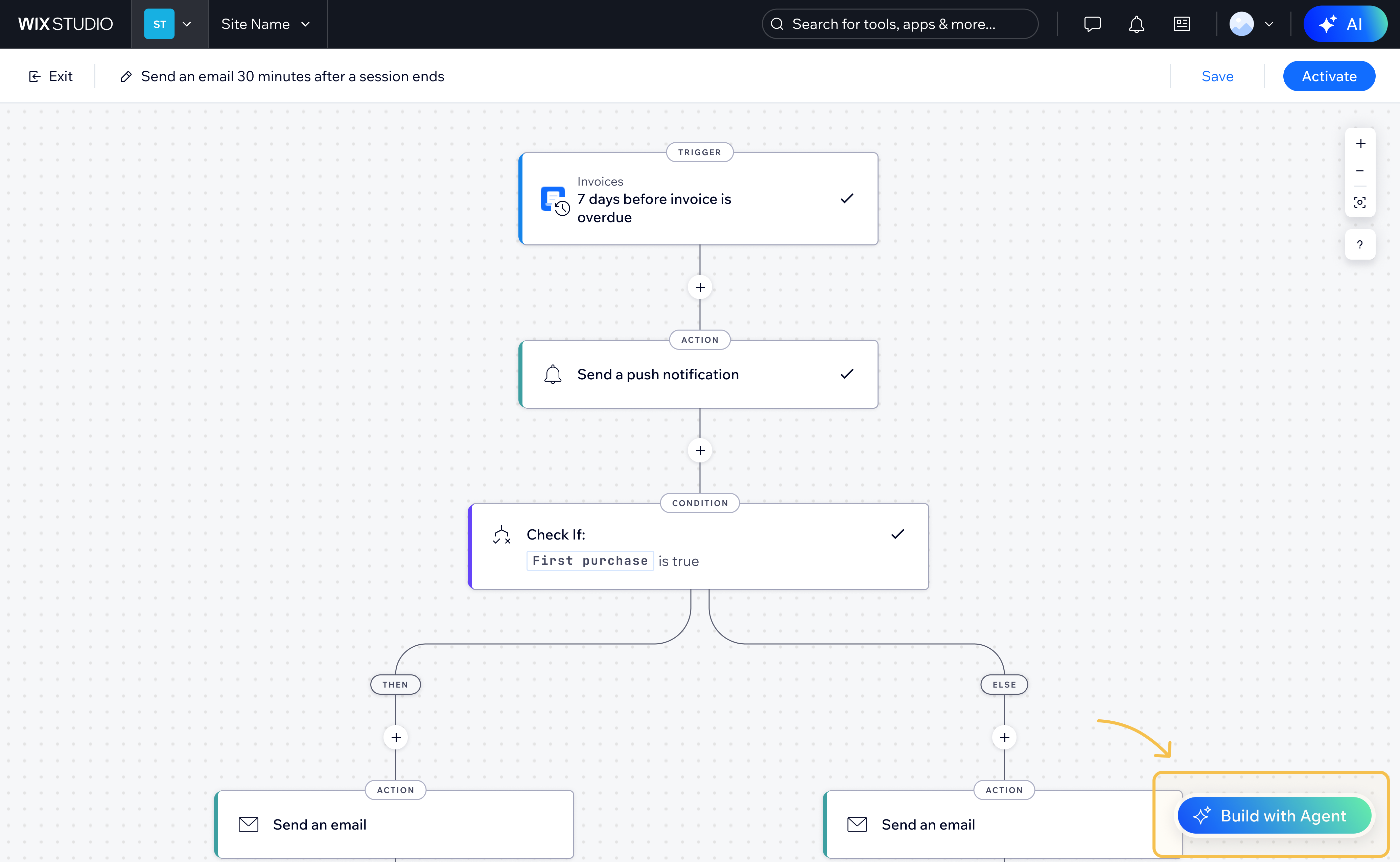 Automations builder canvas with Build with Agent button