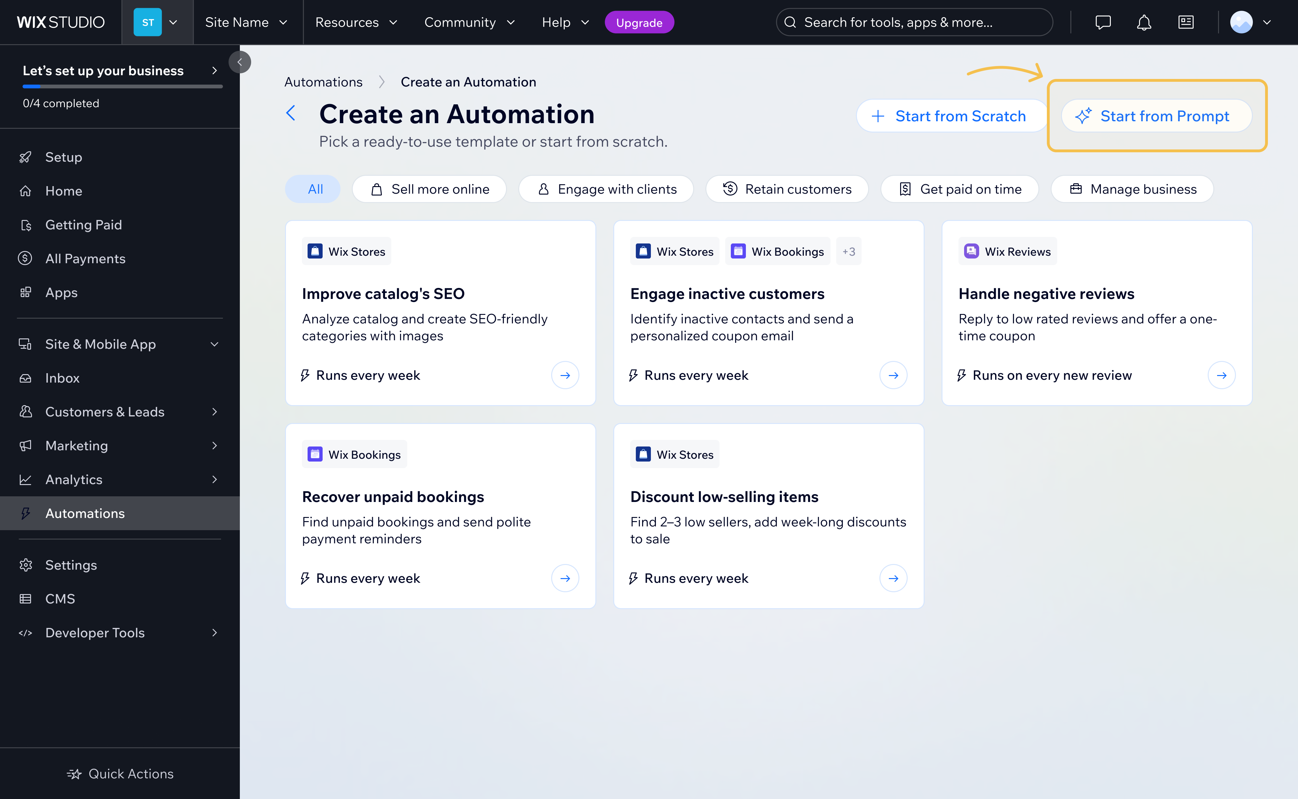 Create an Automation screen with Start from Prompt highlighted