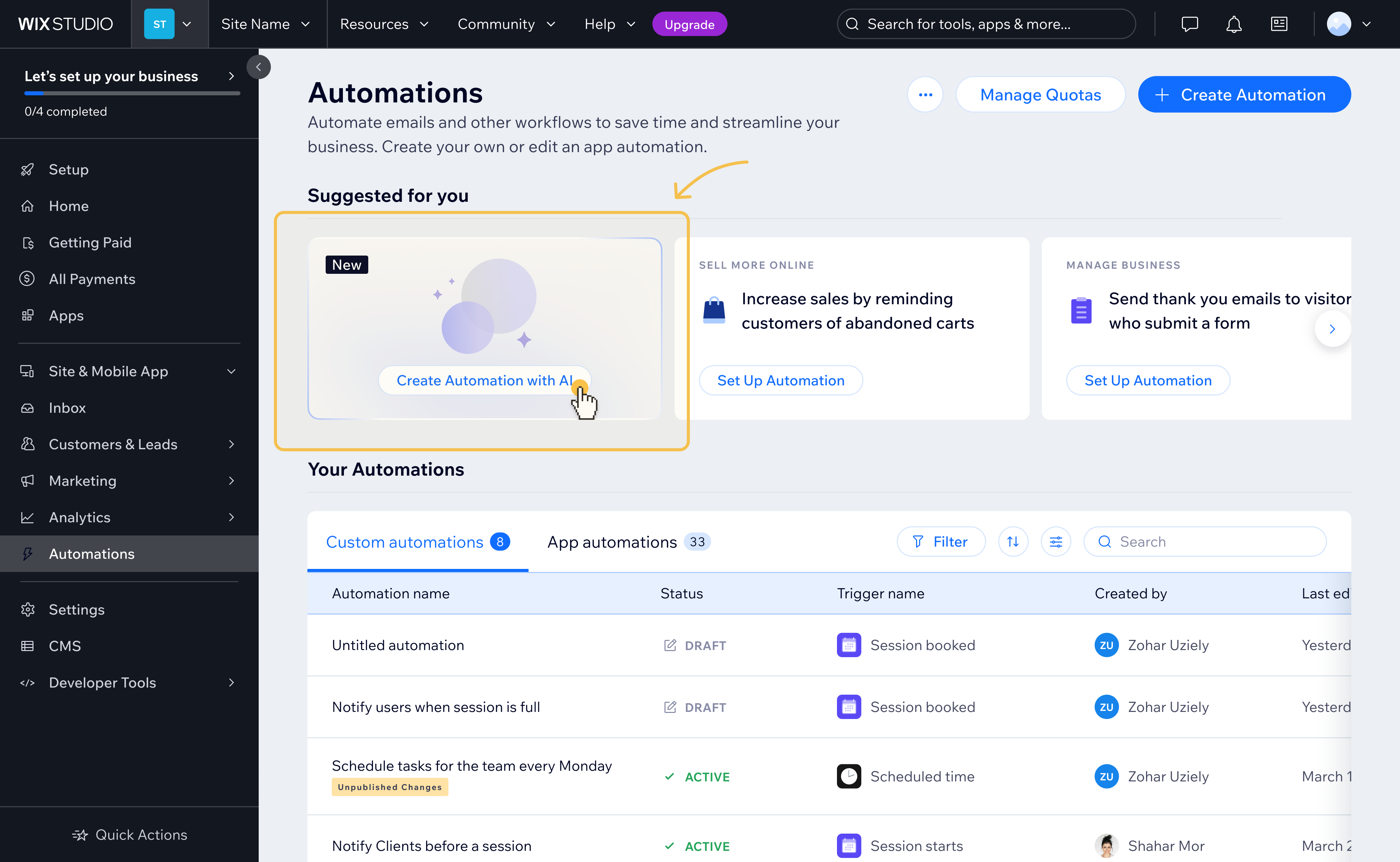 Automations Home with Create Automation with AI card