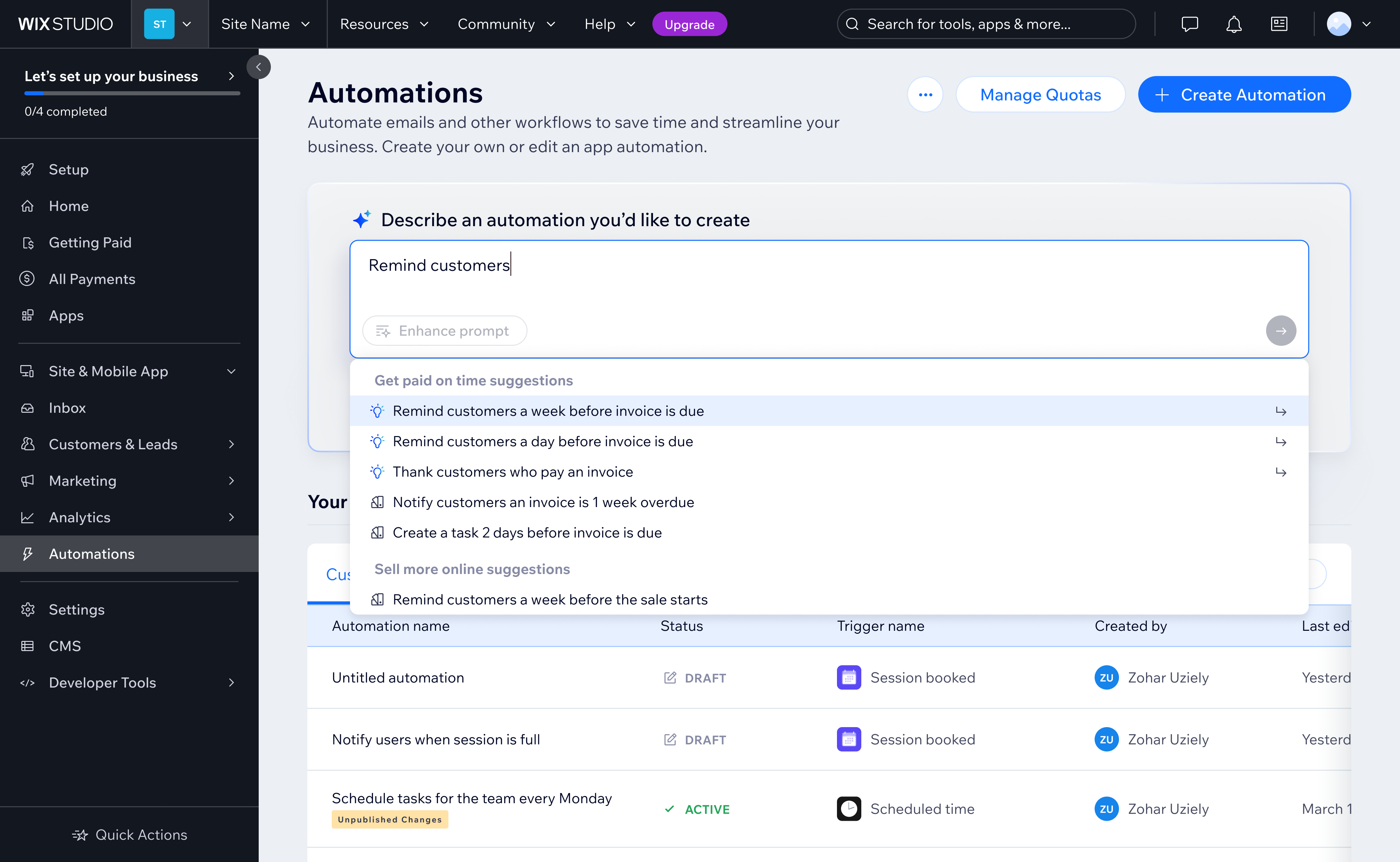 One-liner showing template and prompt suggestions as the user types, with an option to enhance the prompt
